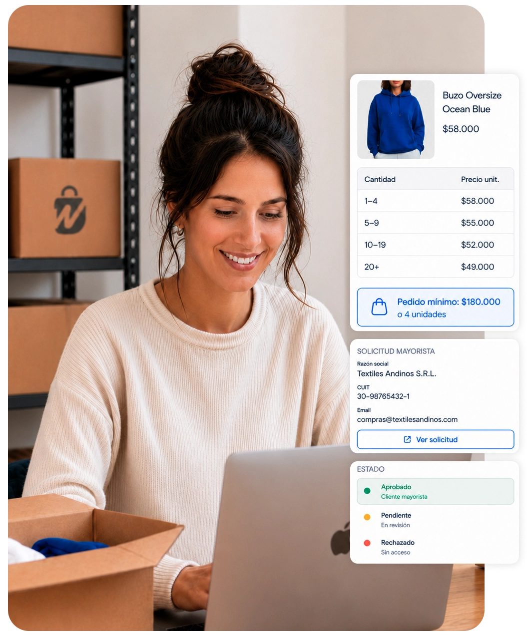 Panel de venta mayorista con precios por cantidad y mínimo de compra