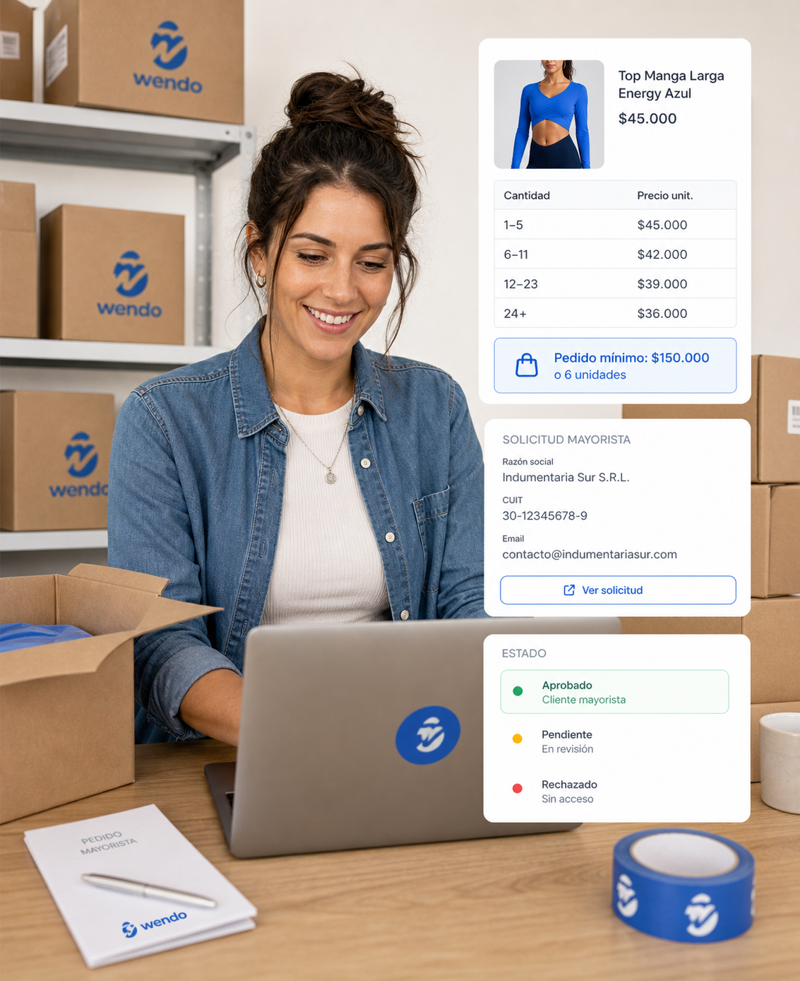 Interfaz de venta mayorista online con productos y reglas comerciales